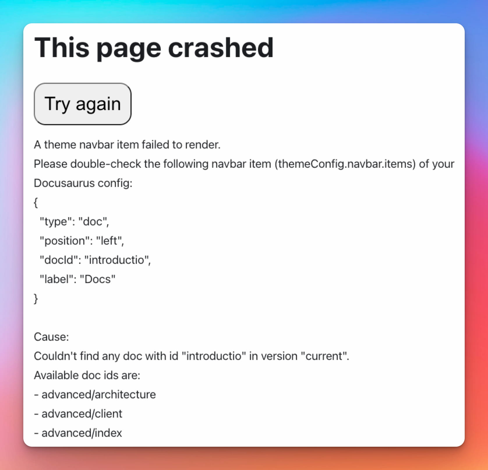 Capture d'écran de message d'erreur de la barre de navigation de Docusaurus
