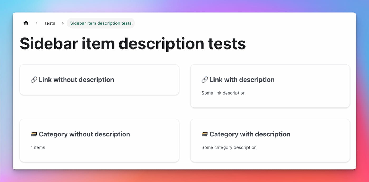 Montre l'index des catégories généré pour la barre latérale avec des descriptions personnalisées